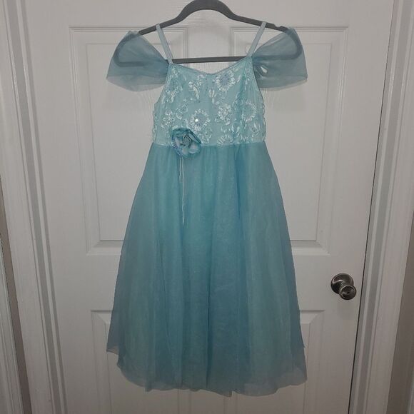 REVOLUTION DANCE Blue Off-the-Shoulder Flutter Sleeve Sequin LEOTARD DRESS XLC - Picture 3 of 7